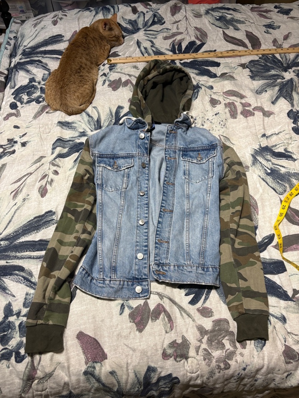 H&M Light Blue Denim Jacket with Olive Green Camo Sleeves and Hood
